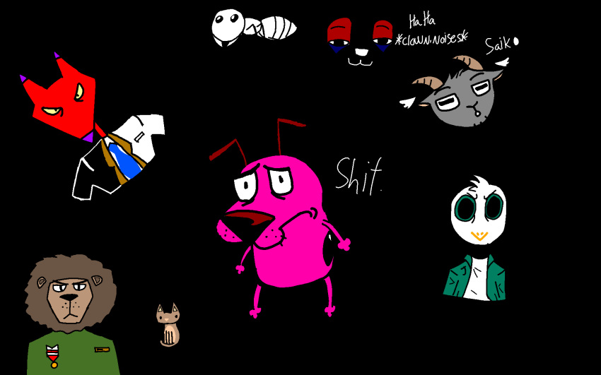 16:10 ant anthro arthropod black_background bovid canid canine canis caprine cartoon_network clothing clown courage_the_cowardly_dog courage_the_cowardly_dog_(character) domestic_dog felid feral goat hi_res hymenopteran insects jacket_(hotline_miami) katz_(courage_the_cowardly_dog) lifeispain0 lion male mammal military_uniform pantherine saiko(youtuber) simple_background sketch_page text uniform widescreen