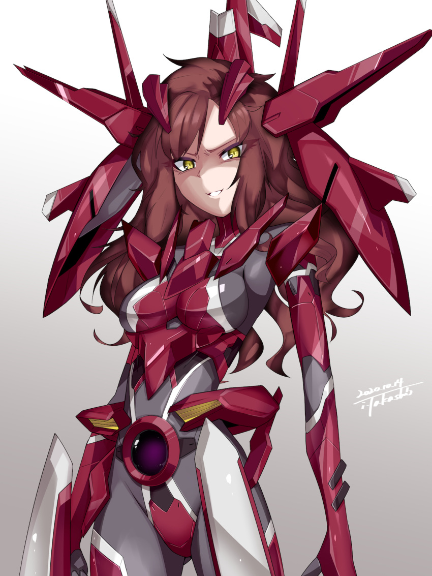 ali_al-saachez arche_gundam arche_gundam_(cosplay) armor artist_name bodysuit breasts brown_hair commentary_request commission cosplay dated evil_smile eyelashes female genderswap_(mtf) gundam gundam_00 hair_ornament highres i.takashi long_hair looking_at_viewer mecha_musume medium_breasts rule_63 sidelocks signature skeb_commission smile solo swept_bangs wavy_hair yellow_eyes