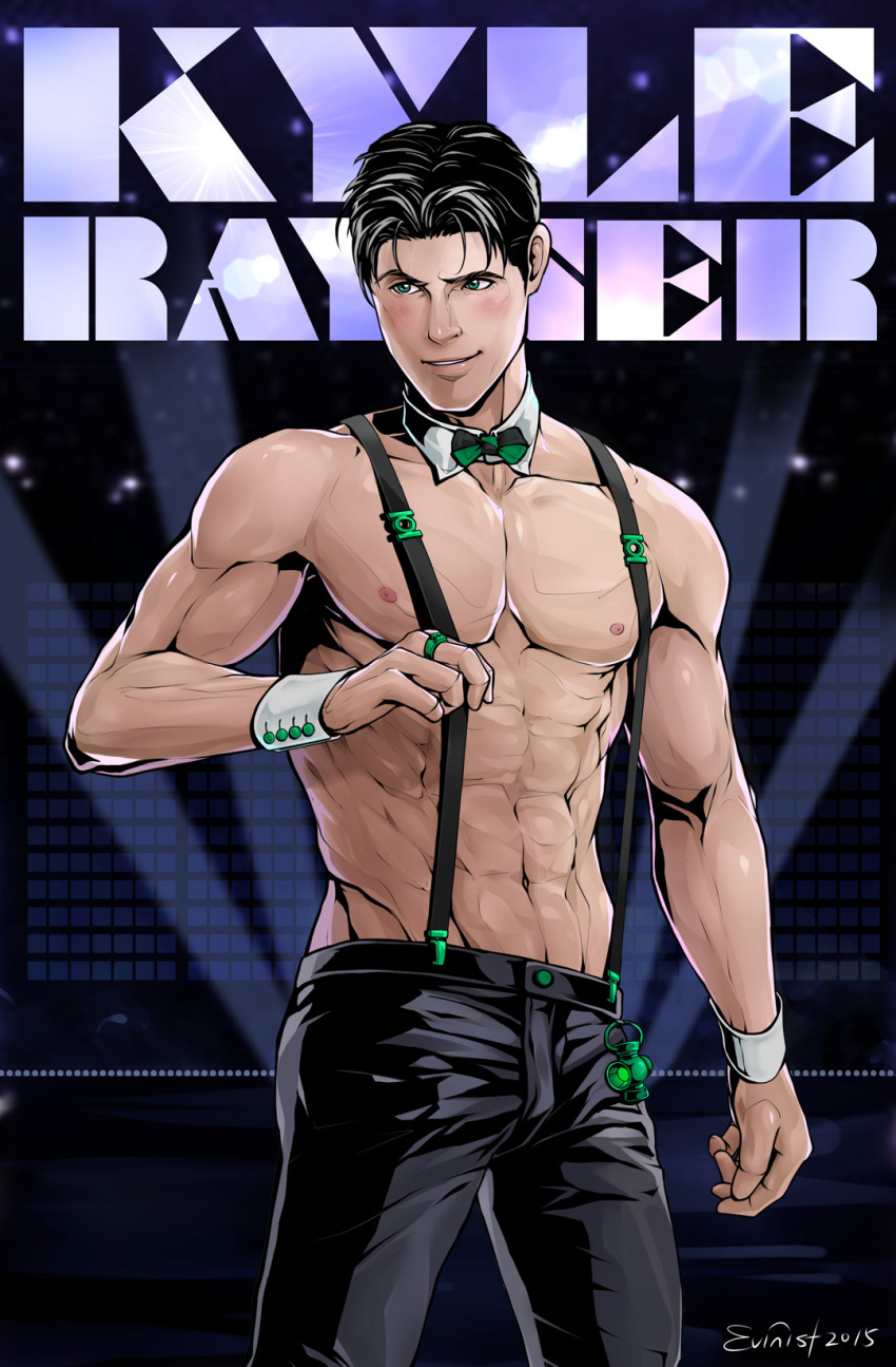 1boy abs artist_name bara belt black_belt black_hair black_pants blush chippendales dc_comics detached_collar evinist green_lantern_(series) highres kyle_rayner large_pectorals magic_mike male_focus male_stripper muscular muscular_male navel nipples pants pectorals short_hair smile solo suspenders topless_male wristband