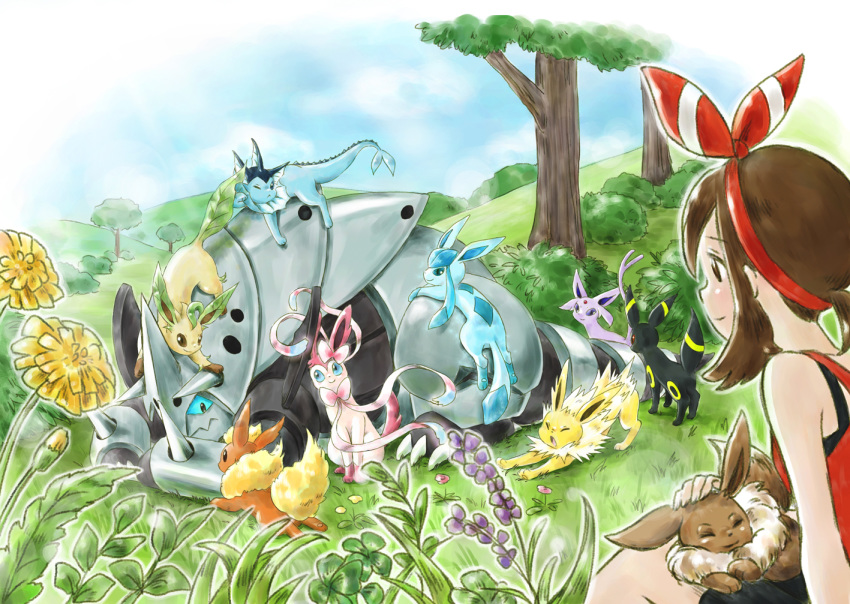 aggron black_eyes blue_eyes blue_sky breasts brown_eyes brown_hair bush closed_eyes cloud cloudy_sky commentary_request day eevee espeon evolutionary_line female flareon flower glaceon grass hair_ribbon huiyuan jolteon leafeon may_(pokemon) mega_aggron mega_evolution mega_pokemon on_head on_lap open_mouth outdoors photoshop_(medium) plant pokemon pokemon_(creature) pokemon_on_back pokemon_on_head pokemon_on_lap pokemon_on_leg pokemon_oras purple_eyes red_ribbon ribbon short_hair sidelocks sitting sky small_breasts smile stretching sylveon tree umbreon vaporeon yawning