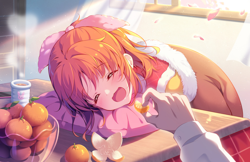 :d ^_^ abe_nana closed_eyes cup curtains female food fruit hair_ribbon highres idolmaster idolmaster_cinderella_girls kagami_(galgamesion) kotatsu mandarin_orange open_mouth orange_hair petals pillow pink_ribbon revision ribbon short_hair smile solo_focus table tea teacup window