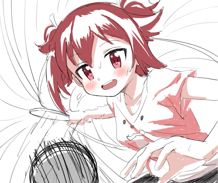 :d ball blush female holding looking_at_viewer monochrome open_mouth paddle red_eyes red_hair red_theme shakunetsu_no_takkyuu_musume short_sleeves sincos smile solo table_tennis_ball table_tennis_paddle teeth tsumujikaze_koyori twintails upper_teeth_only