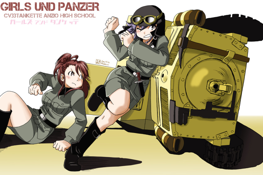 2girls amaretto_(girls_und_panzer) anzio_military_uniform aoneco blush boots breasts brown_eyes brown_hair carro_veloce_cv-33 caterpillar_tracks commentary_request dated english_text girls_und_panzer helmet light_purple_hair long_hair military military_vehicle motor_vehicle multiple_girls nib_pen_(medium) one_eye_closed pepperoni_(girls_und_panzer) pushing short_hair signature smile tank tank_helmet traditional_media white_background