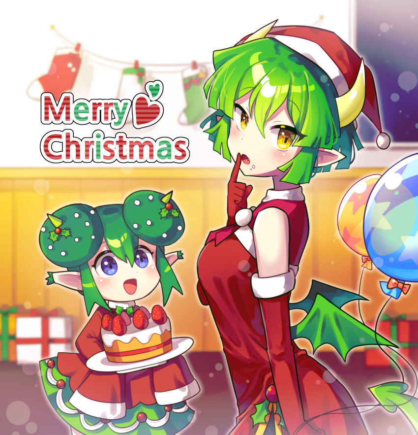 2girls absurdres bad_id bad_pixiv_id balloon blue_eyes blurry blurry_background blush christmas draco_centauros dragon_girl dragon_horns dragon_tail dragon_wings elbow_gloves food food_on_face gloves green_hair green_tail highres holding holding_plate horns indoors lidelle_(puyopuyo) long_sleeves looking_at_viewer merry_christmas multiple_girls oerba_yun_fang offbeat open_mouth parted_lips plate pointy_ears puyopuyo puyopuyo_fever red_gloves santa_costume sleeves_past_wrists smile tail wings yellow_eyes