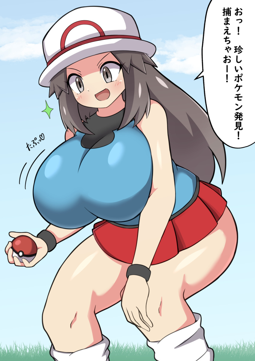 alternate_breast_size black_wristband blue_shirt blue_socks breasts brown_eyes brown_hair bucket_hat commentary_request female hair_flaps hat highres holding holding_poke_ball huge_breasts jaga334 leaf_(pokemon) long_hair loose_socks pleated_skirt poke_ball poke_ball_(basic) pokemon pokemon_frlg red_skirt shirt skirt sleeveless sleeveless_shirt socks solo squatting translation_request white_hat wristband