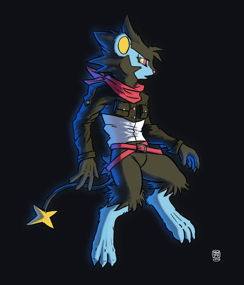 3_toes 4_fingers absurd_res anthro anthrofied barefoot black_background blue_body blue_fur bottomless clothed clothing digitigrade feet fingers fur generation_4_pokemon hi_res looking_at_viewer luxray megawolf77 nintendo pokemon pokemon_(species) pokemorph simple_background solo toes white_clothing