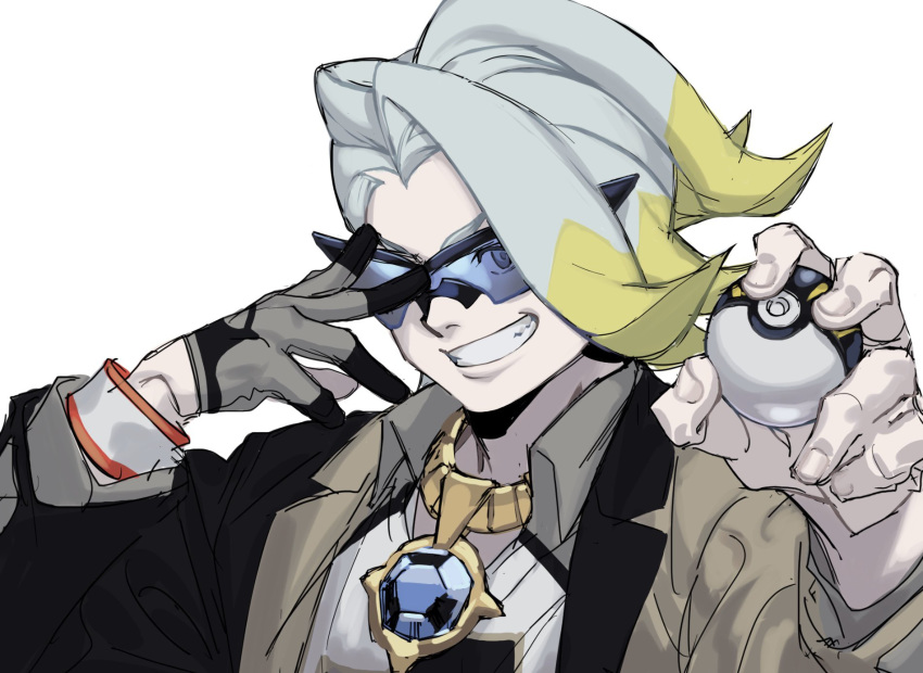 1boy gordie_(pokemon) grin highres holding holding_poke_ball jacket jewelry komiya_kuniharu male_focus multicolored_hair necklace poke_ball pokemon pokemon_swsh simple_background smile solo sunglasses two-tone_hair ultra_ball