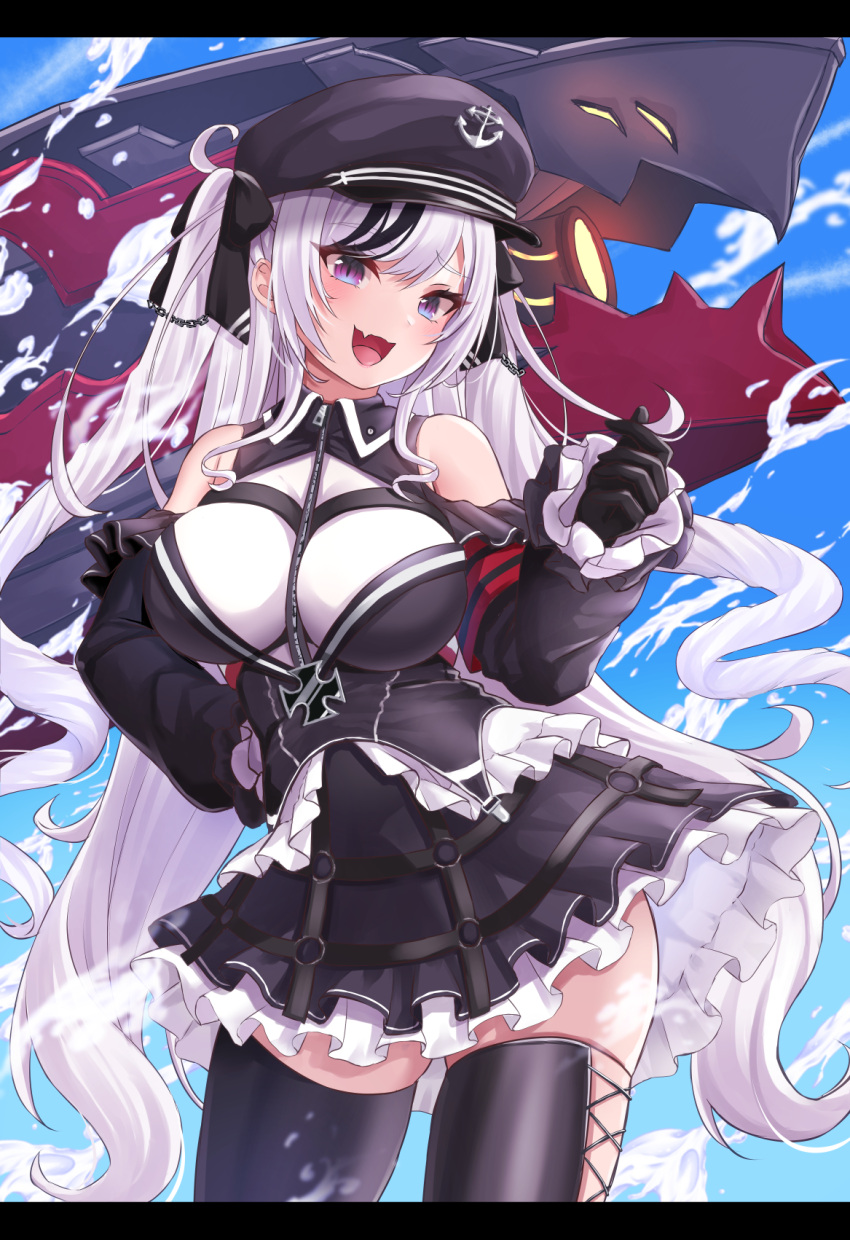 ako_suke armband azur_lane bare_shoulders black_corset black_dress black_hair black_headwear black_legwear blush breasts clothing_cutout collared_dress contrapposto corset cowboy_shot cross cross-laced_clothes cross-laced_legwear day dress elbe_(azur_lane) female framed_breasts frilled_dress frills gloves hand_on_own_hip hat highres impossible_clothes impossible_leotard iron_cross large_breasts layered_dress leotard long_hair looking_at_viewer military military_vehicle multicolored_hair o-ring oerba_yun_fang open_mouth peaked_cap red_armband ship short_dress shoulder_cutout skin_fang skindentation sky slit_pupils smile streaked_hair thighhighs tsurime twintails very_long_hair warship watercraft wavy_hair white_hair white_leotard zettai_ryouiki zipper