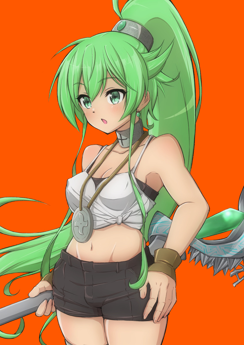 absurdres black_shorts bracelet breasts camisole cleavage collar commentary_request covered_nipples cowboy_shot duel_monster female green_eyes green_hair groin high_ponytail highres holding holding_staff jewelry long_hair medium_breasts midriff navel pendant short_shorts shorts solo spaghetti_strap staff very_long_hair white_camisole winda_(yu-gi-oh!) winda_4n96 winda_priestess_of_gusto yu-gi-oh!