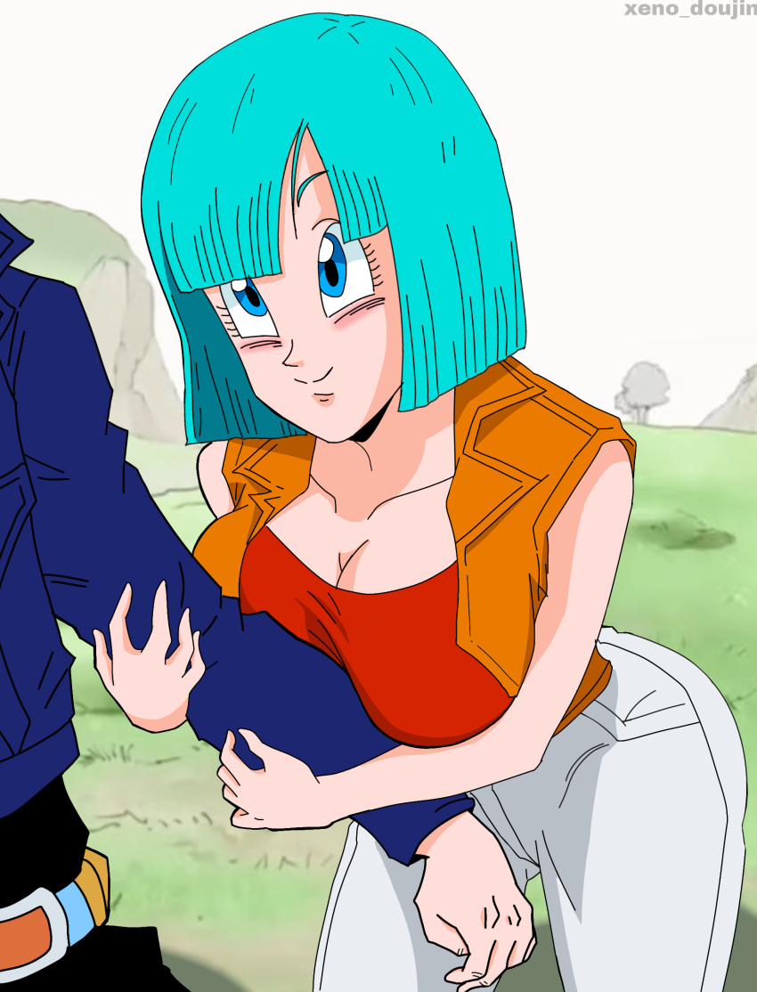 1boy 1boy1girl 1girls age_difference big_breasts bulma bulma_(dragon_ball) bulma_briefs bulma_briefs_(androids'_saga) canonical_scene clothes dragon_ball dragon_ball_super dragon_ball_z female flirting implied_incest incest male milf mommy mother mother_and_son son touching_breast trunks_(dragon_ball) trunks_briefs xeno_doujin