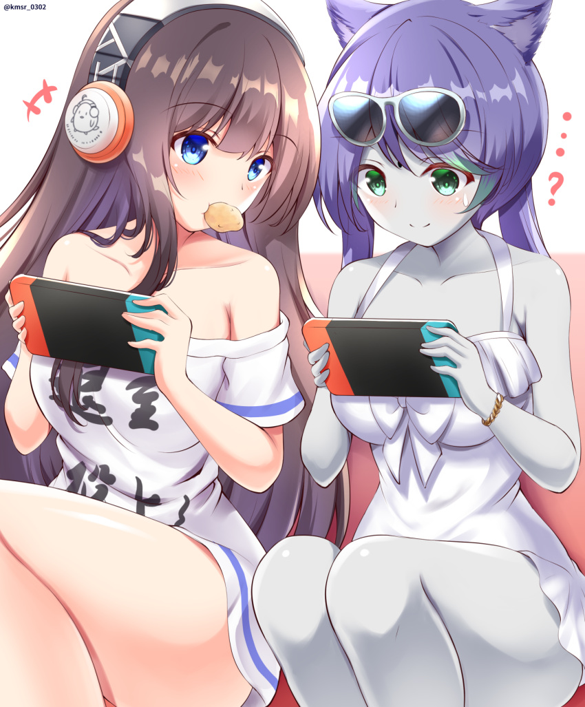 +++ ...? 2girls animal_ears azur_lane bare_shoulders blue_eyes blush breasts brown_hair cat_ears chips_(food) collarbone colored_skin commentary_request commission crossover dress eyewear_on_head feet_out_of_frame final_fantasy final_fantasy_xiv food food_in_mouth green_eyes grey-framed_eyewear grey_skin hair_between_eyes handheld_game_console headphones highres holding kamishiro_(rsg10679) long_hair long_island_(azur_lane) long_island_(long_island_-_indoor_slacker)_(azur_lane) manjuu_(azur_lane) medium_breasts miqo'te multiple_girls nintendo_switch off-shoulder_dress off_shoulder original playing_games potato_chips purple_hair shirt sitting skeb_commission sunglasses sweat twitter_username very_long_hair warrior_of_light_(ff14) white_dress white_shirt