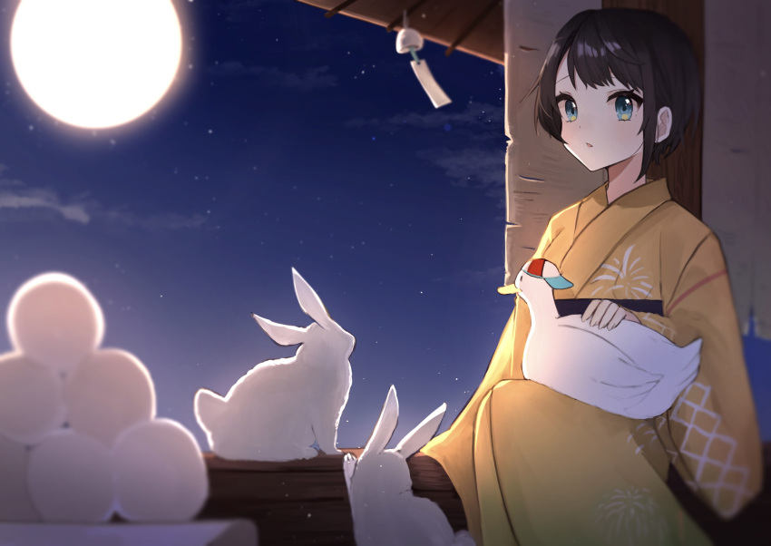 absurdres animal_on_lap bird blue_eyes brown_hair commentary_request dango duck female food full_moon highres hololive japanese_clothes kimono long_sleeves looking_at_viewer mashiro_io moon night night_sky on_lap oozora_subaru parted_lips petting rabbit short_hair sitting sky solo subaru_duck swept_bangs tsukimi tsukimi_dango virtual_youtuber wagashi wind_chime yellow_kimono yukata