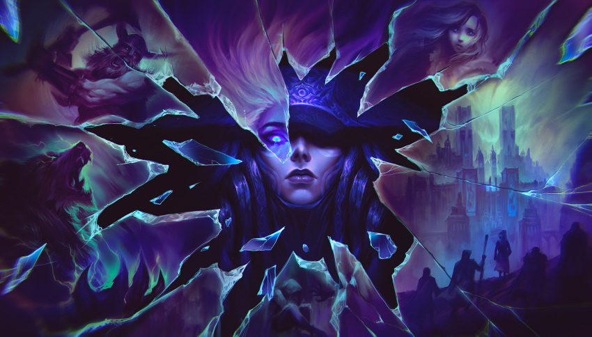 2boys 2girls ashe_(league_of_legends) axe blue_eyes castle character_request check_character closed_mouth collaboration commentary fake_horns fangs glowing glowing_eye helmet highres holding holding_axe horned_helmet horns league_of_legends lissandra_(league_of_legends) long_hair looking_at_viewer multiple_boys multiple_girls olaf_(league_of_legends) open_mouth sitting teeth volibear zoe_(crownsforkings)