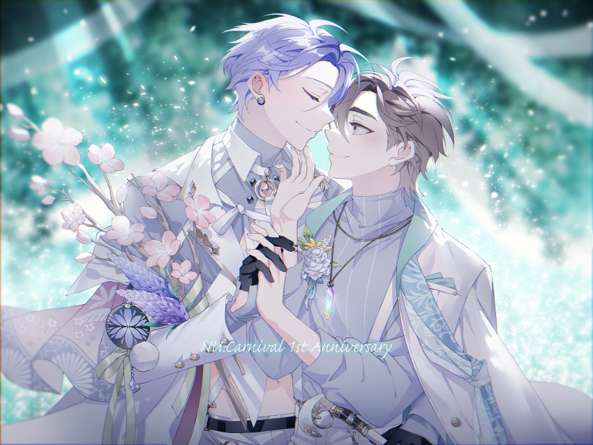 2boys anniversary bishounen black_gloves blush brown_eyes brown_hair earrings eiden_(nu_carnival) flower gem gloves highres holding_hands jewelry kuya_(nu_carnival) long_sleeves looking_at_another male_focus multiple_boys nu_carnival nu_xxxxx official_alternate_costume pink_flower purple_eyes purple_flower purple_hair shirt short_hair white_flower yaoi