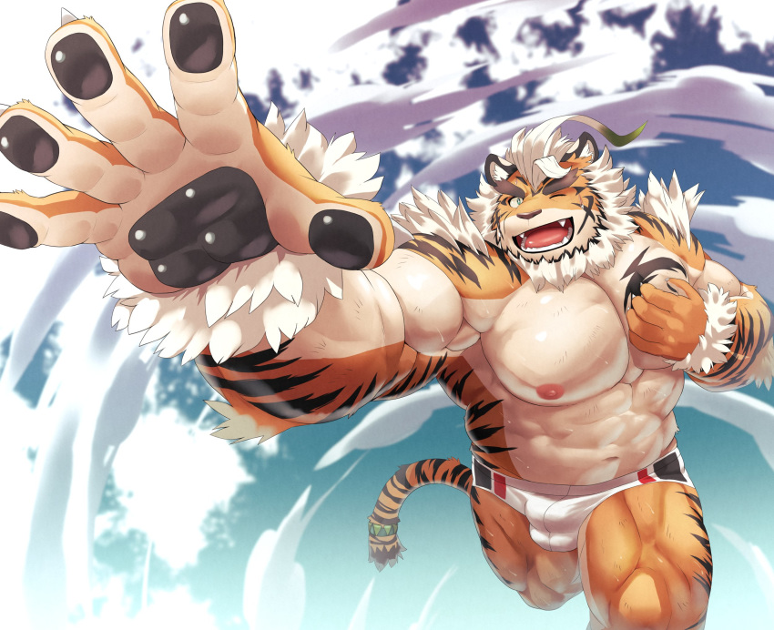 1boy abs ahoge animal_ears bara beard belly blue_eyes bulge chest_tattoo facial_hair feet_out_of_frame fingernails foreshortening forked_eyebrows furry furry_male fute_(mti777) hand_on_own_chest highres hombre_tigre_(housamo) large_pectorals male_focus male_swimwear mature_male muscular muscular_male navel nipples one_eye_closed open_hand pectorals plump sharp_fingernails short_hair smile solo swim_briefs tail tattoo thick_eyebrows thick_thighs thighs tiger_boy tiger_ears tiger_tail tokyo_afterschool_summoners topless_male white_hair