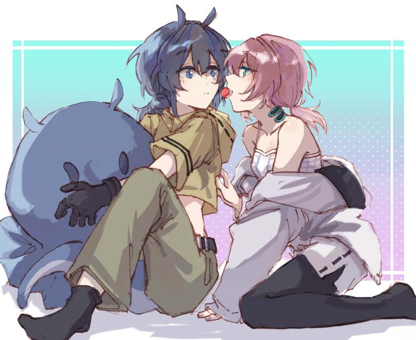 2girls animal_ears arknights bare_shoulders black_gloves blue_eyes blue_hair blue_poison_(arknights) blue_poison_(shoal_beat)_(arknights) blush commentary_request crop_top e-fa-dorn food_in_mouth glaucus_(arknights) glaucus_(exterminator_in_the_square)_(arknights) gloves highres hood hood_down hugging_doll hugging_object imminent_kiss jacket low_twintails multicolored_hair multiple_girls off_shoulder official_alternate_costume pants pink_hair shirt_tug short_sleeves shorts slug_girl spaghetti_strap streaked_hair stuffed_animal stuffed_toy tail twintails white_jacket yuri