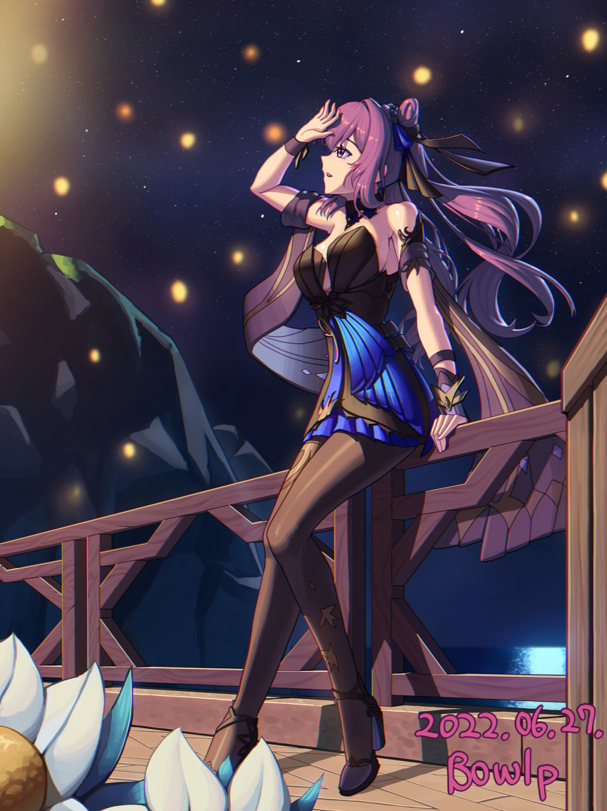 arm_up artist_name black_dress black_footwear black_pantyhose bowlp breasts commentary cone_hair_bun dated detached_sleeves dress female flower genshin_impact hair_bun high_heels highres keqing_(genshin_impact) keqing_(opulent_splendor)_(genshin_impact) large_breasts night night_sky official_alternate_costume outdoors pantyhose parted_lips purple_eyes purple_hair railing short_sleeves signature sky solo strapless strapless_dress twintails white_flower wristband