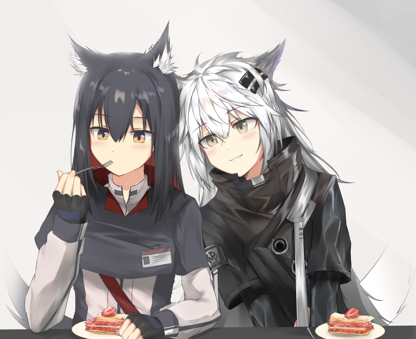 2girls animal_ear_fluff animal_ears arknights black_capelet black_gloves black_hair black_jacket brown_eyes cake capelet colored_inner_hair commentary fingerless_gloves food fork fruit gloves grey_background grey_eyes grin hair_between_eyes hair_ornament hairclip hand_up highres holding holding_fork id_card jacket kiyakyuu lappland_(arknights) long_hair long_sleeves looking_at_viewer mille-feuille multicolored_hair multiple_girls parted_lips plate red_hair smile strawberry tail texas_(arknights) two-tone_hair upper_body white_hair white_jacket wolf_ears wolf_tail