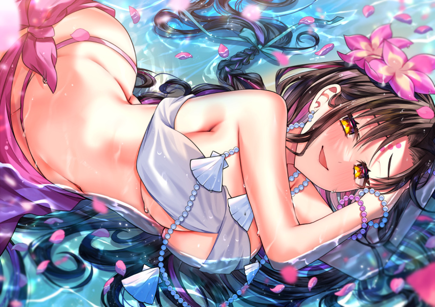 akirannu bare_shoulders bikini black_hair blush bracelet braid breasts chest_tattoo cleavage facial_mark fate/grand_order fate_(series) female flower forehead_mark hair_flower hair_ornament jewelry large_breasts long_hair looking_at_viewer lying multicolored_hair navel necklace on_side open_mouth parted_bangs pearl_bracelet pearl_necklace pink_hair sarong sessyoin_kiara sessyoin_kiara_(swimsuit_mooncancer) sessyoin_kiara_(swimsuit_mooncancer)_(first_ascension) shell shell_necklace smile solo streaked_hair swimsuit tattoo thighs twin_braids very_long_hair water wet white_bikini yellow_eyes