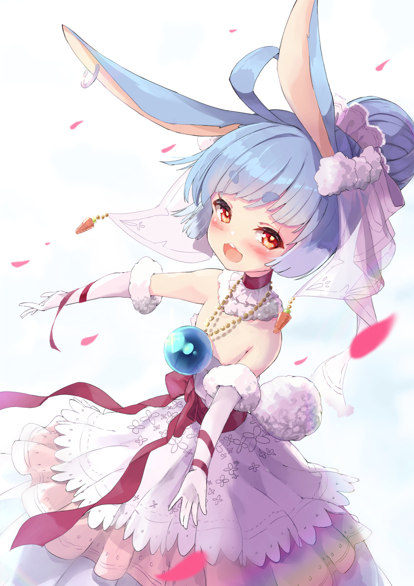 absurdres animal_ears blue_hair blush carrot dress female flat_chest floral_print gloves hair_bun highres king's_raid luna_(king's_raid) nyahu_(nyahu_77) petals rabbit_ears rabbit_tail red_eyes red_ribbon ribbon single_hair_bun smile solo tail white_dress white_gloves