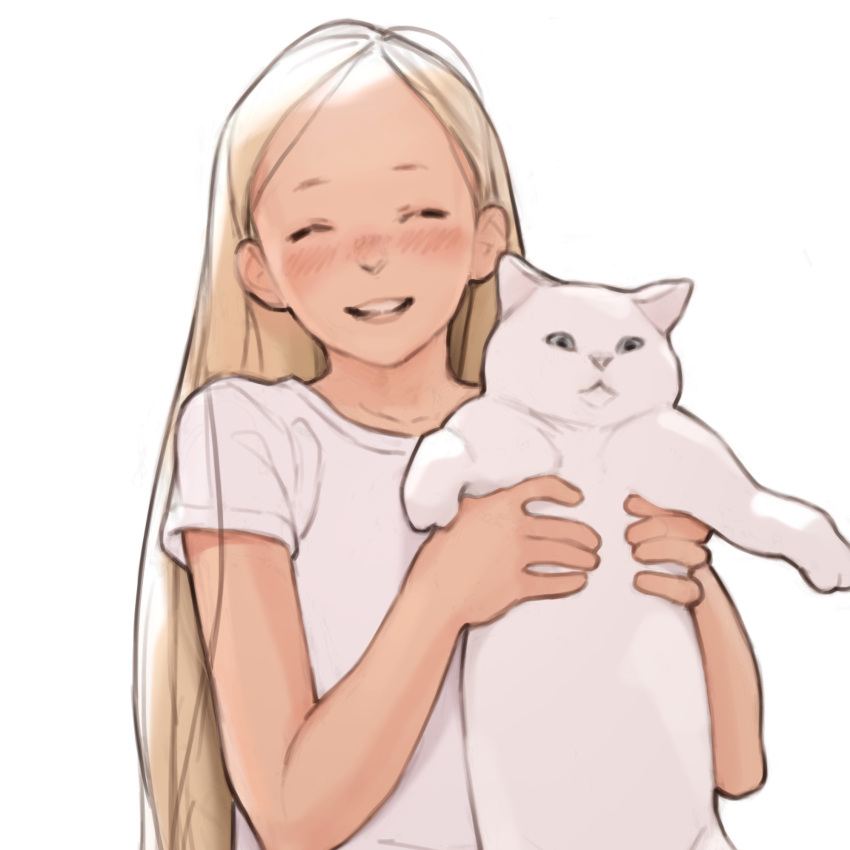 :d animal blonde_hair blush closed_eyes commentary_request facing_viewer feline female highres holding holding_animal holding_cat lolicon long_hair luimiart open_mouth original shirt short_sleeves simple_background smile solo white_background white_cat white_shirt