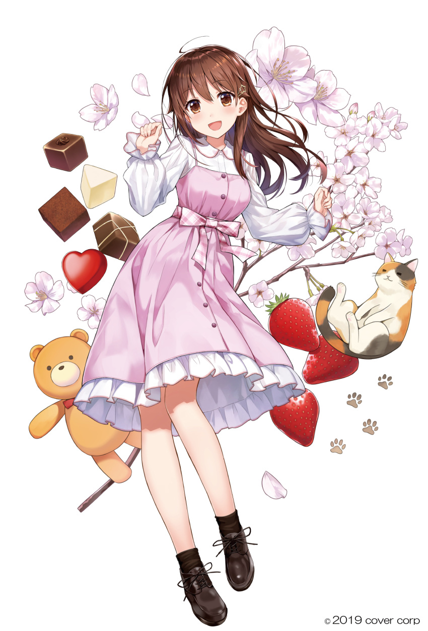 amagai_tarou ankimo_(tokino_sora) blush brown_eyes brown_footwear brown_hair cherry_blossoms chocolate commentary_request dress feline female flower full_body hair_flaps hair_ornament hairclip heart highres hololive long_hair long_sleeves looking_at_viewer official_alternate_costume official_art open_mouth paw_print petals pink_dress shirt shoes simple_background smile star_(symbol) star_hair_ornament stuffed_animal stuffed_toy teddy_bear tokino_sora variant_set virtual_youtuber water white_background white_shirt