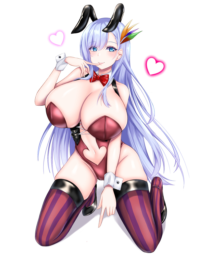 absurdres animal_ears azur_lane black_footwear blue_eyes breasts cleavage clothing_cutout collar comotaro detached_collar fake_animal_ears female finger_to_mouth full_body gigantic_breasts hair_ornament heart highres leotard light_purple_hair long_hair navel_cutout official_alternate_costume playboy_bunny purple_thighhighs rabbit_ears shadow simple_background skindentation solo strapless strapless_leotard thighhighs ticonderoga_(azur_lane) ticonderoga_(show_stopper!)_(azur_lane) two-tone_legwear very_long_hair white_background white_collar wrist_cuffs