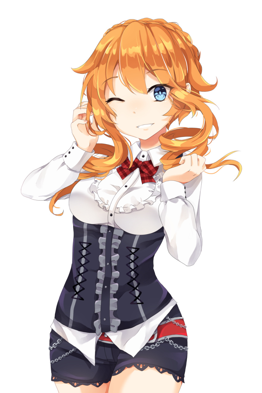 black_shorts blue_eyes braid breasts chains commentary_request cowboy_shot date_a_live drill_hair female hair_between_eyes highres jeungi long_hair long_sleeves looking_at_viewer medium_breasts one_eye_closed orange_hair parted_lips red_ribbon ribbon shirt shorts sidelocks simple_background smile solo white_background yamai_kaguya