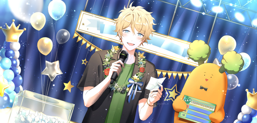 1boy balloon blonde_hair blue_eyes blush bow bowtie brown_hair ensemble_stars! happy_birthday highres jacket kindo looking_at_viewer male_focus mascot_costume microphone multicolored_hair open_mouth paper ryuuseitai_(ensemble_stars!) shirt short_hair simple_background smile star_(symbol) streaked_hair t-shirt takamine_midori twitter_username