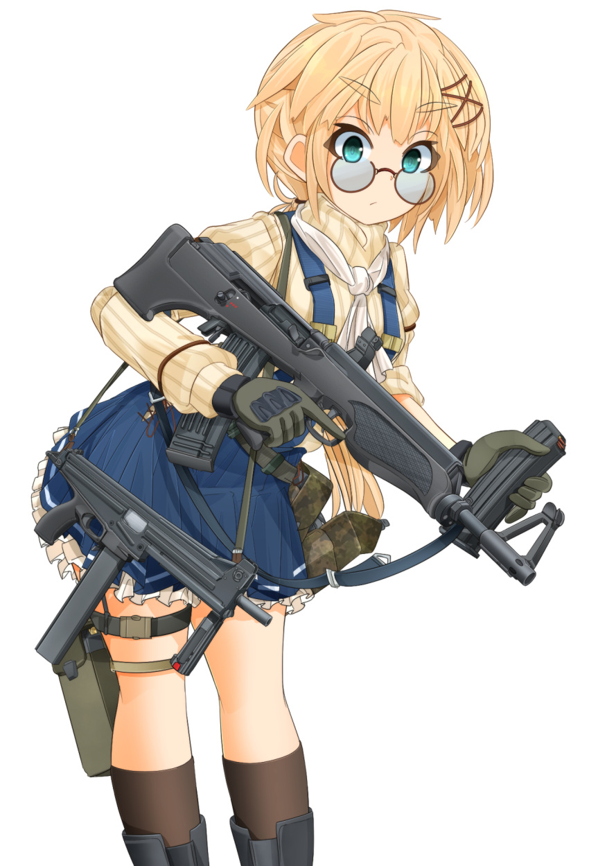 ascot assault_rifle belt black_footwear black_gloves black_socks blonde_hair blue_skirt boots brown-framed_eyewear bullpup carrying closed_mouth commentary_request female frilled_skirt frills gloves gun hair_ornament highres holding holding_gun holding_magazine_(weapon) holding_weapon jatimatic kneehighs leaning_forward long_sleeves looking_at_viewer magazine_(weapon) medium_hair mikeran_(mikelan) miniskirt original partial_commentary pouch rifle round_eyewear short_ponytail simple_background skirt socks solo standing submachine_gun sunglasses suspender_skirt suspenders sweater thigh_pouch thigh_strap trigger_discipline utility_belt valmet_m82 weapon white_ascot white_background white_sweater x_hair_ornament