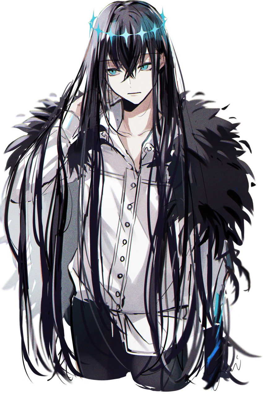 1boy alternate_hairstyle arthropod_boy blue_eyes bug cape crown diamond_hairband fate/grand_order fate_(series) feet_out_of_frame fur-trimmed_cape fur_trim grey_hair highres long_hair long_sleeves looking_to_the_side male_focus oberon_(fate) oberon_(third_ascension)_(fate) shirt simple_background solo spoilers very_long_hair white_background white_shirt wings yui_(linaw-key08)