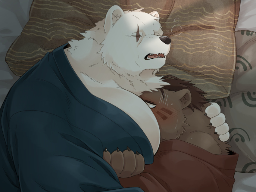 2020 4:3 anthro barazoku bear bed blush bodily_fluids brown_body brown_fur clothing crushfang_(sdorica_sunset) dagger_(sdorica_sunset) detailed_background duo fur furniture hi_res hug kemono kumao male male/male mammal moobs pillow polar_bear robe scar sdorica sleeping sweat ursine white_body white_fur