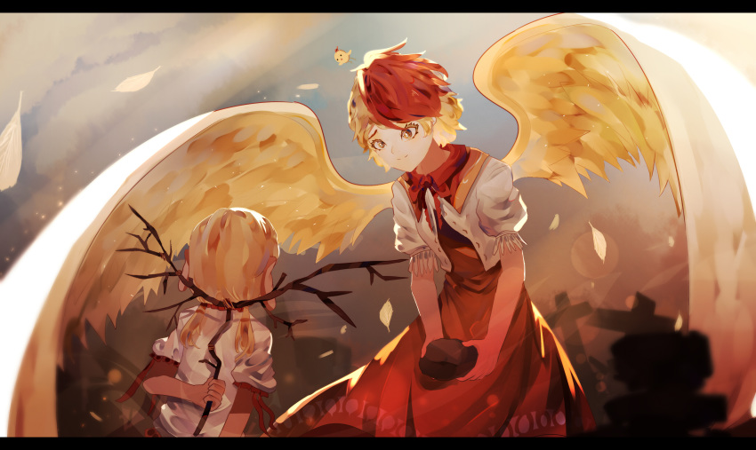 2girls arm_behind_back bird blonde_hair chick closed_mouth cloud cropped_shirt cross dress earlobes ebisu_eika english_commentary facing_away feathered_wings feathers feet_out_of_frame gradient_sky graveyard highres holding holding_rock holding_stick leaning_forward lens_flare light_rays looking_at_another multicolored_hair multiple_girls naufaldreamer niwatari_kutaka orange_dress puffy_short_sleeves puffy_sleeves red_hair red_neckwear red_ribbon ribbon shirt short_hair short_sleeves sky smile standing stick touhou two-tone_hair upper_body white_shirt wings