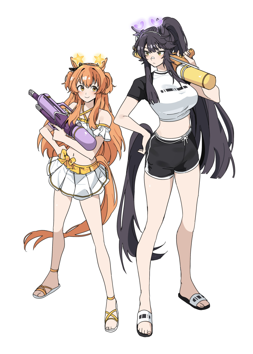 2girls absurdres alternate_costume animal_ears arm_garter bandaid bandaid_on_face bandaid_on_nose bare_shoulders bikini black_hair blush breasts closed_mouth criss-cross_halter crop_top frilled_bikini frills full_body hairband halterneck hand_on_own_hip highres holding holding_water_gun horse_ears horse_girl horse_tail large_breasts long_hair looking_at_viewer male_swimwear mayano_top_gun_(umamusume) midriff miniskirt multiple_girls narita_brian_(umamusume) navel no_navel orange_hair ponytail rash_guard sandals shirt short_sleeves simple_background skirt smile standing swim_trunks swimsuit tail two_side_up umamusume unneul very_long_hair water_gun white_background yellow_eyes