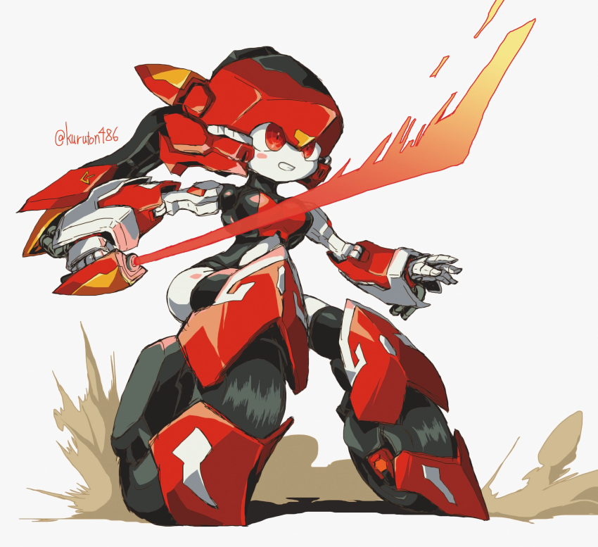 absurdres blush dust energy_sword female highres holding holding_sword holding_weapon kuruton486 looking_ahead magic_henshin mecha no_humans open_hand red_eyes robot scarlet_sonic science_fiction smile solo sword twitter_username weapon wheel white_background