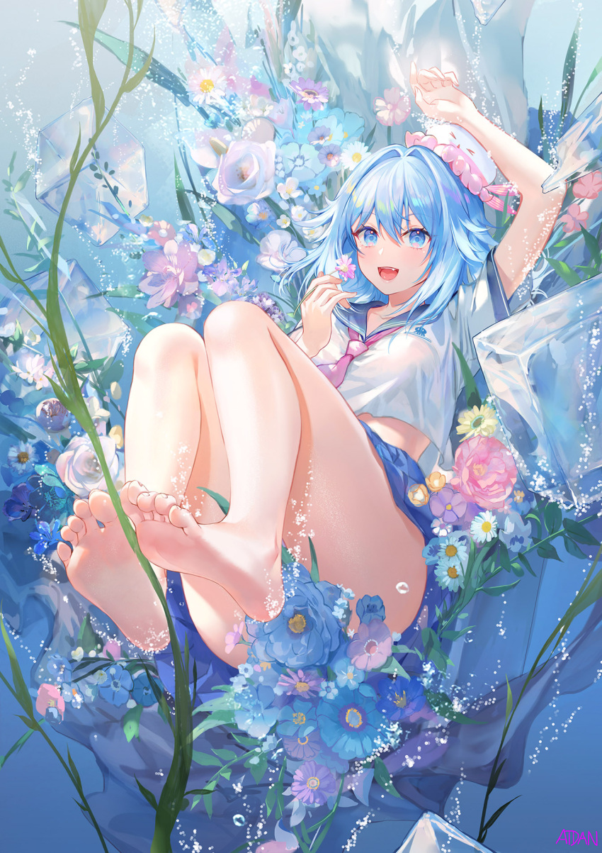 :d arm_up artist_name atdan bangs bare_legs barefoot blue_eyes blue_flower blue_hair blue_sailor_collar blue_skirt breasts commentary duplicate english_commentary eyebrows_visible_through_hair feet female flower full_body hair_between_eyes haiyi hand_up highres holding holding_flower ice ice_cube legs looking_at_viewer medium_hair necktie pink_flower pink_necktie pixel-perfect_duplicate purple_flower sailor_collar school_uniform serafuku shirt short_sleeves skirt smile soles solo synthesizer_v thighs toes underwater white_flower white_shirt