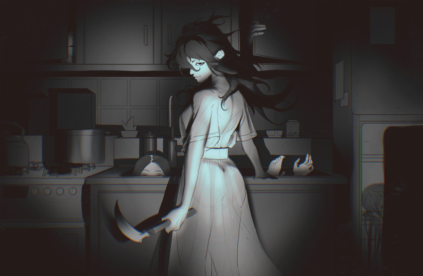 absurdres closed_mouth commentary cooking_pot copyright_request dark female from_behind hair_between_eyes highres holding holding_weapon horror_(theme) indoors kitchen long_hair looking_at_viewer looking_back messy_hair multiple_others parted_bangs peeking_out refrigerator shirt_tucked_in short_sleeves sink skirt smile weapon zoe_(crownsforkings)