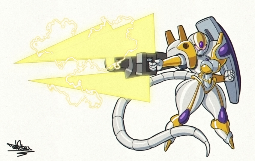 2022 alien armor ass big_breasts big_butt breasts cannon female floating footless garter_straps glowing glowing_eyes gold_(metal) gun hi_res huge_butt huge_gun humanoid livemetal machine mecha_like metal metal_tail metallic_body mouthless ranged_weapon robot shield slash_(famwammer) solo tansau weapon