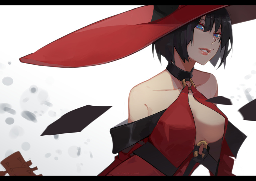 artist_name bare_shoulders black_hair blue_eyes bob_cut breasts cleavage collarbone electric_guitar english_commentary female guilty_gear guilty_gear_xrd guitar hair_between_eyes hat high_collar i-no ian_olympia instrument large_breasts large_hat letterboxed lips mole mole_above_mouth o-ring o-ring_top open_mouth sideboob simple_background solo witch_hat