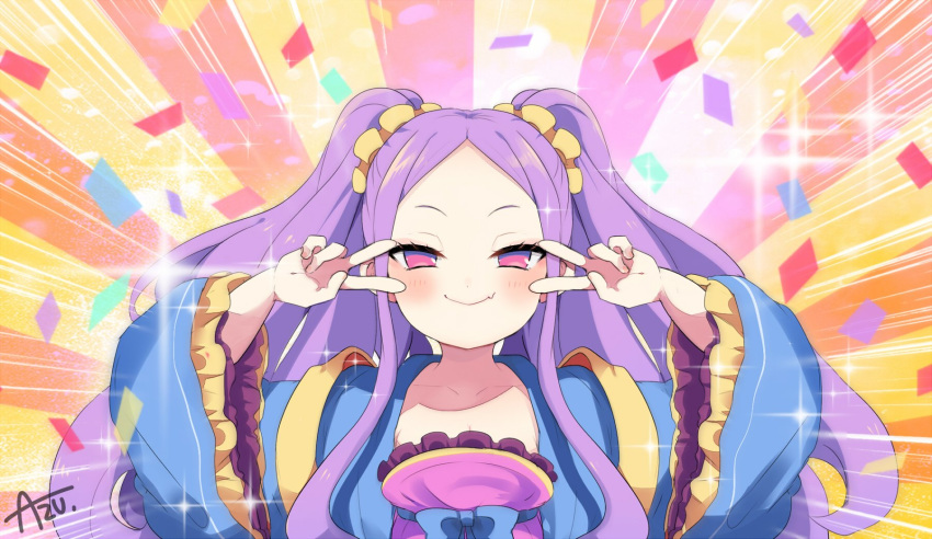 azu_(kirara310) blue_bow blush bow chinese_clothes closed_mouth collarbone commentary_request confetti double_v dress emotional_engine_-_full_drive fang_out fate/grand_order fate_(series) female forehead frilled_dress frilled_sleeves frills hair_ornament hair_scrunchie hanfu highres long_hair long_sleeves oerba_yun_fang open_clothes parted_bangs pink_dress purple_hair red_eyes scrunchie signature smile solo sparkle two_side_up upper_body v v_over_eye very_long_hair wide_sleeves wu_zetian_(fate) yellow_scrunchie