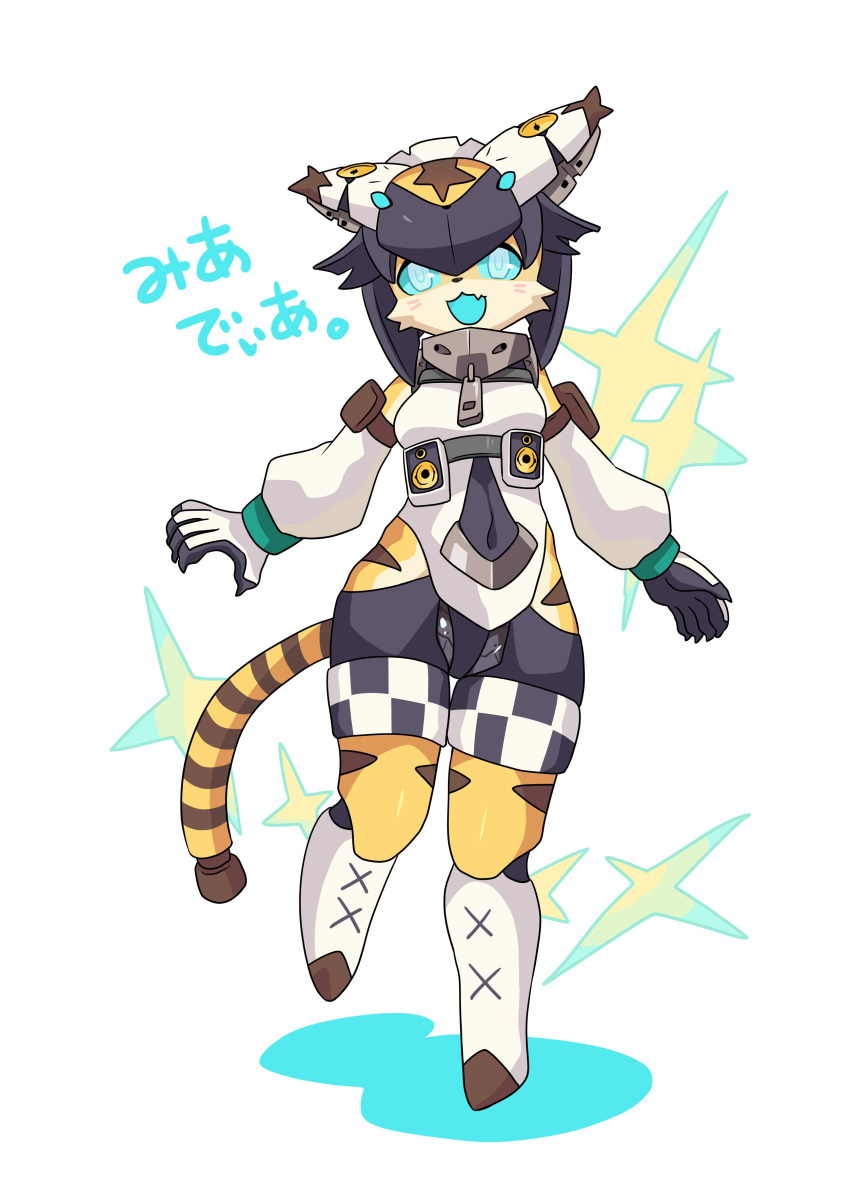 absurd_res alternative_fashion anthro black_hair blue_eyes blue_mouth blue_sclera cable_tail claws cyberpop cygames dia_(world_flipper) felid female fur fusion hair hi_res j-fashion japanese_text kemono machine mammal metallic_body metallic_hair mia_(world_flipper) on_one_leg open_mouth open_smile pantherine pseudo_hair robot simple_background smile solo sparkles standing striped_body stripes tail takanabeasami text tiger translated white_background world_flipper yellow_body yellow_fur zipper_pull_tab