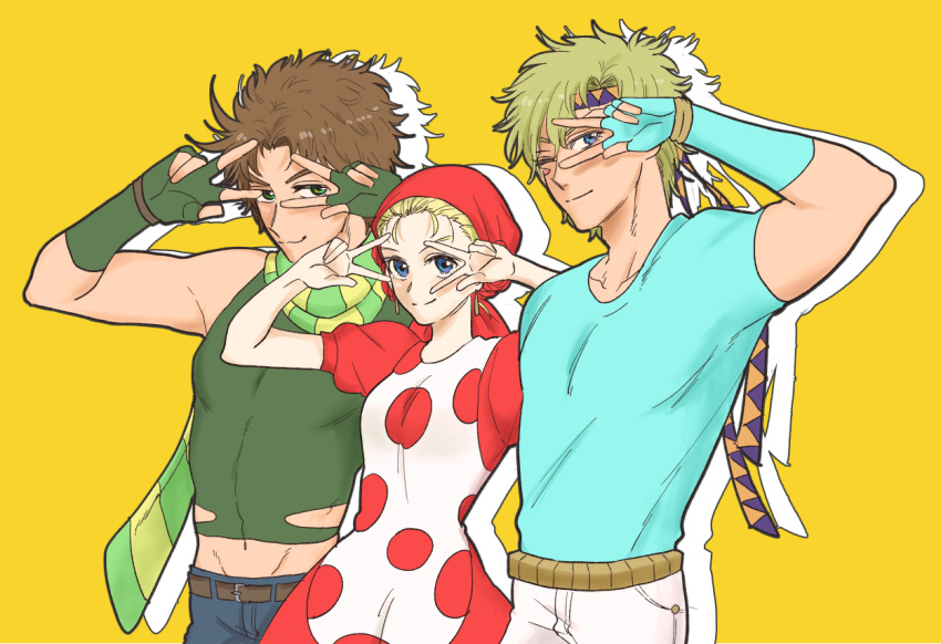 2boys :3 apron battle_tendency blonde_hair blue_eyes brown_hair caesar_anthonio_zeppeli double_v earrings facial_mark feather_hair_ornament feathers fingerless_gloves gloves green_eyes hair_ornament headband jewelry jojo_no_kimyou_na_bouken joseph_joestar joseph_joestar_(young) kazuo_(kaduooooo) male_focus midriff_peek multiple_boys polka_dot polka_dot_apron scarf striped_clothes striped_scarf suzi_q triangle_print v v_over_eye