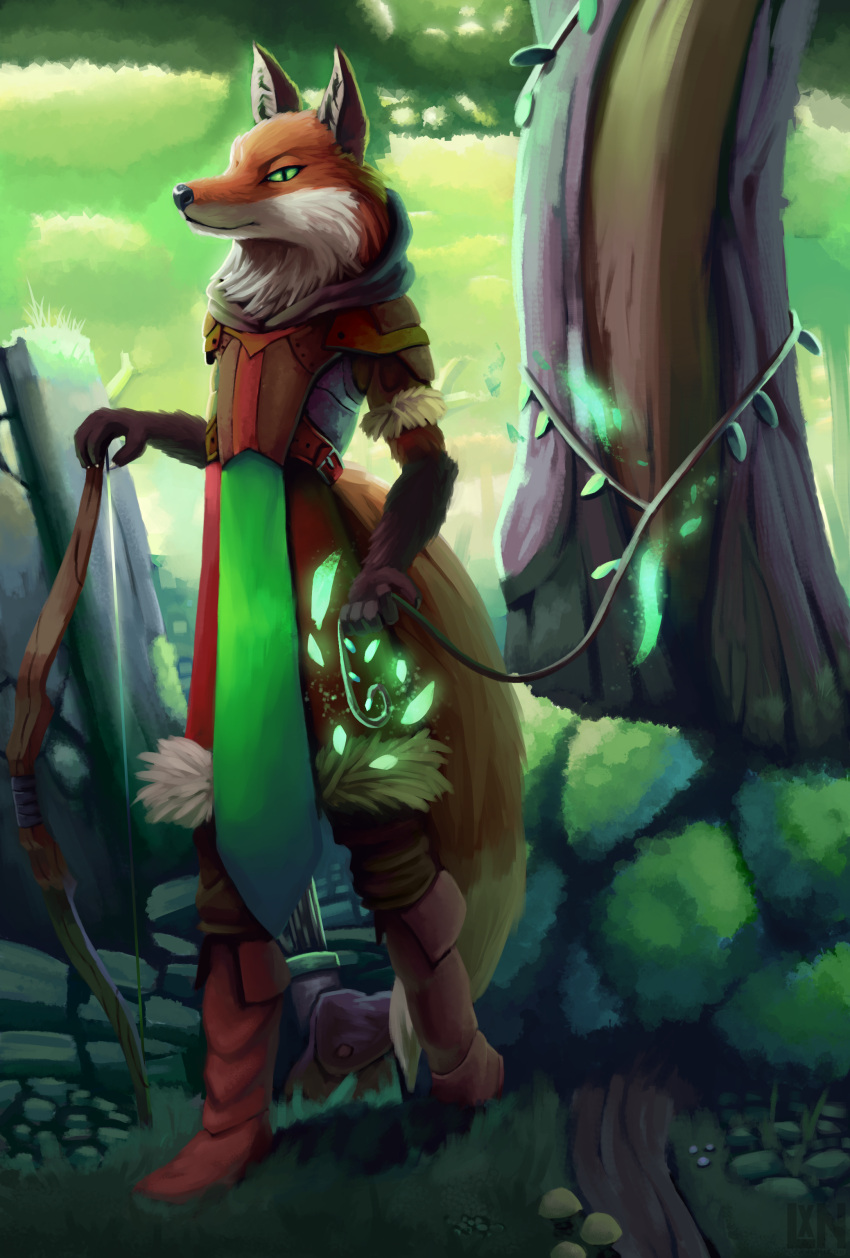 2022 5_fingers absurd_res anthro arrow_(weapon) boots bottomwear bow_(weapon) canid canine clothing fantasy fingers footwear fox full-length_portrait fur grass green_eyes hi_res lennoxicon mammal pathfinder pathfinder:_wrath_of_the_righteous plant plantigrade portrait ranged_weapon solo topwear tree weapon