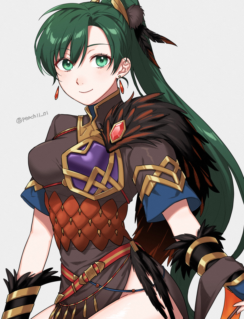 armor breastplate breasts commentary earrings female fire_emblem fire_emblem:_the_blazing_blade fire_emblem_heroes fur_trim green_eyes green_hair high_ponytail highres jewelry large_breasts long_hair looking_at_viewer lyn_(brave_lady)_(fire_emblem) lyn_(brave_lady)_(resplendent)_(fire_emblem) lyn_(fire_emblem) official_alternate_costume peach11_01 ponytail short_sleeves side_slit smile solo thighs very_long_hair