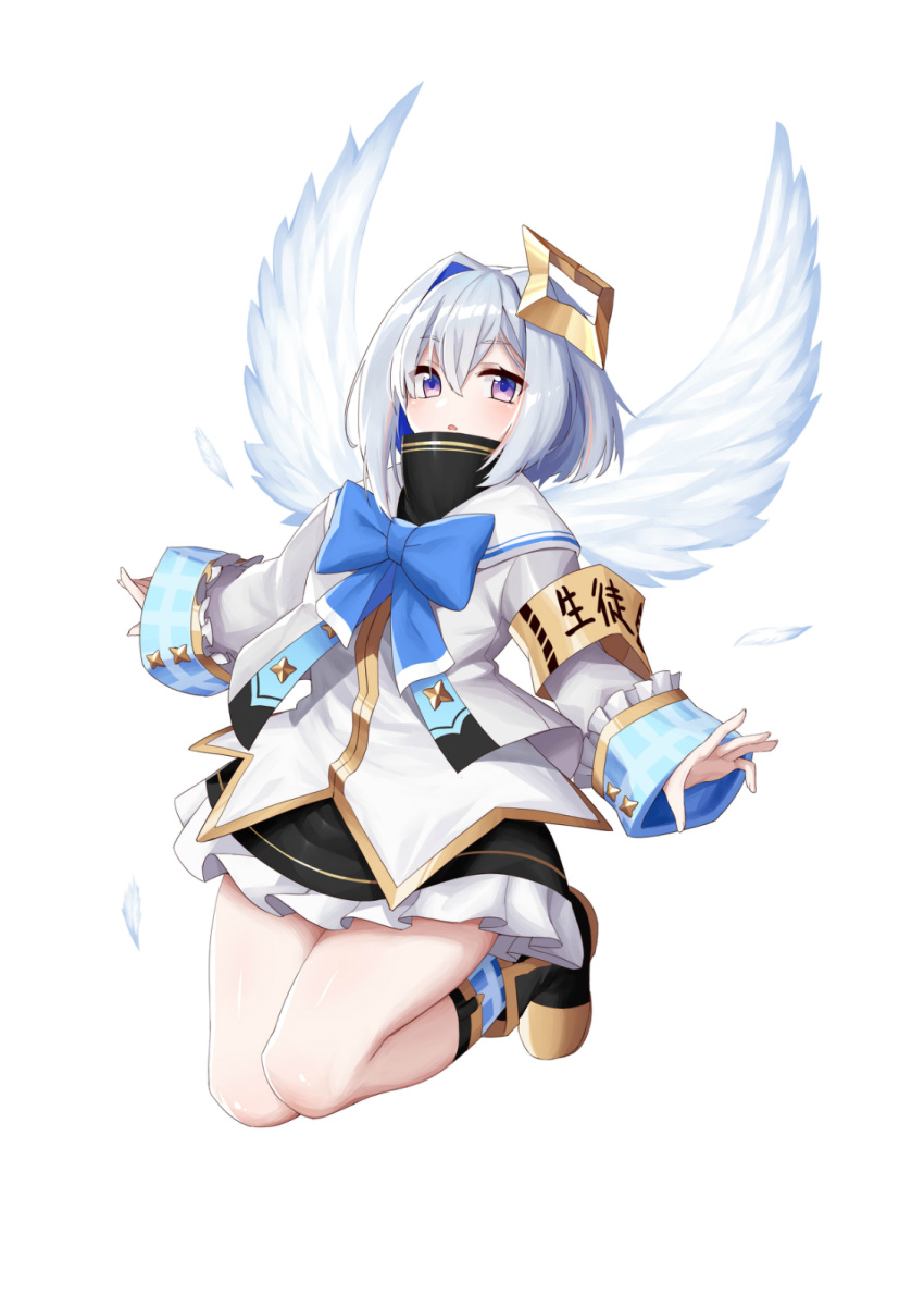 amane_kanata amane_kanata_(1st_costume) angel angel_wings asymmetrical_hair black_dress black_footwear blue_bow blue_bowtie blue_hair blue_socks bob_cut boots bow bowtie chestnut_mouth colored_inner_hair commentary_request dress feathered_wings feathers female frilled_dress frills grey_hair hair_between_eyes halo highres hololive jacket jumping large_bow light_blue_hair long_sleeves looking_at_viewer multicolored_hair parted_lips plaid plaid_legwear purple_eyes short_dress short_hair simple_background single_hair_intake sleeves_past_wrists socks solo star_halo thighs turtleneck turtleneck_dress virtual_youtuber white_background white_jacket wings z-jun.dd-zhong