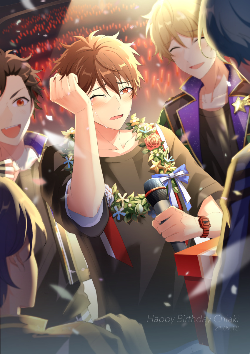 5boys blonde_hair blue_eyes blue_hair blush brown_eyes brown_hair closed_eyes dated english_text ensemble_stars! flower gift happy_birthday highres jacket kindo looking_at_viewer male_focus microphone morisawa_chiaki multiple_boys open_mouth purple_hair red_eyes red_hair ryuuseitai_(ensemble_stars!) short_hair simple_background smile takamine_midori tears white_background