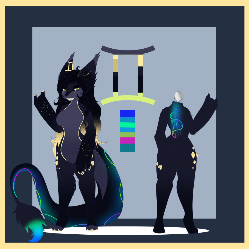 1:1 absurd_res anthro border canid canine canis constellation crystal female gemini hi_res hybrid ignisbatt iridescent iridescent_markings iridescent_tail mammal model_sheet rainbow solo star wolf yellow_border