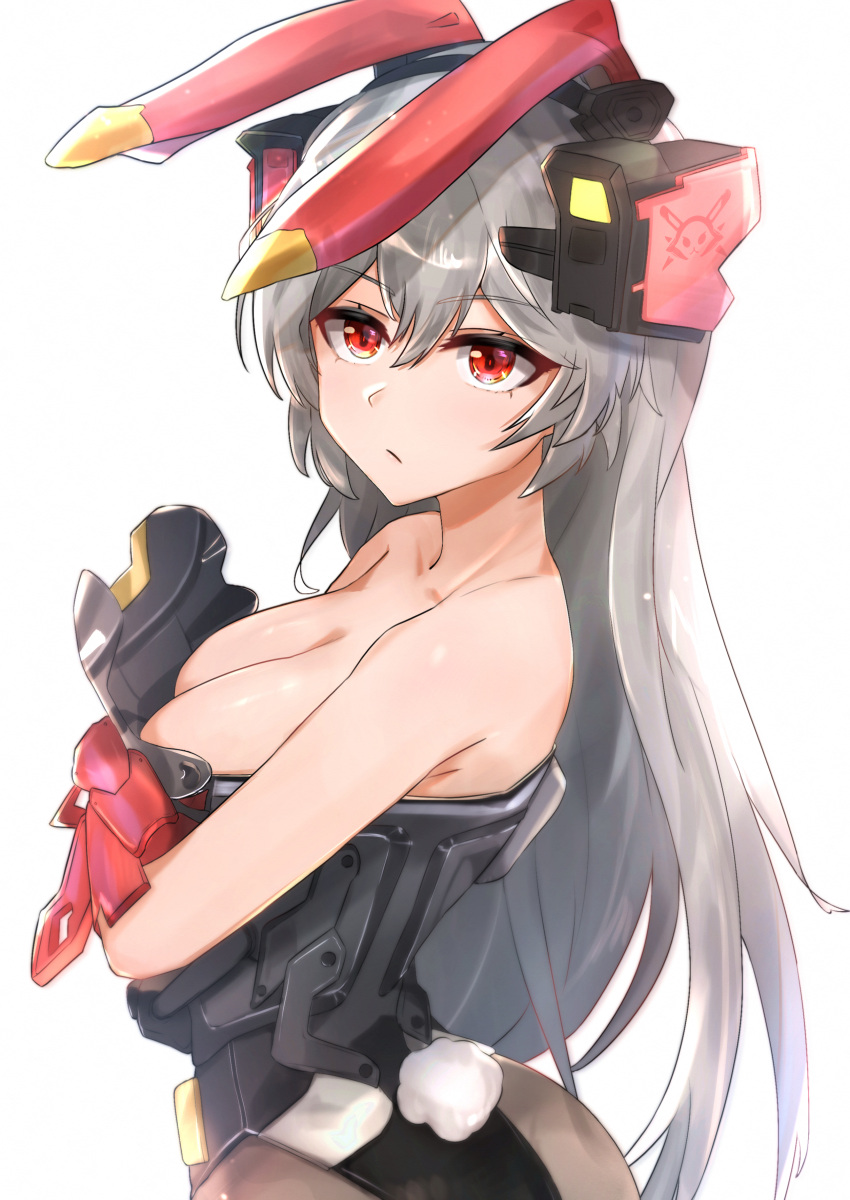 absurdres animal_ears armor armored_leotard bare_back bare_shoulders black_pantyhose breasts charolic_(girls'_frontline_2) cleavage closed_mouth collarbone crossed_arms fake_animal_ears feet_out_of_frame female from_side girls'_frontline girls'_frontline_2:_exilium grey_hair hair_ornament highres long_hair looking_at_viewer mechanical_ears medium_breasts muteppona_hito pantyhose rabbit_ears rabbit_tail red_eyes sideboob solo standing tail white_background