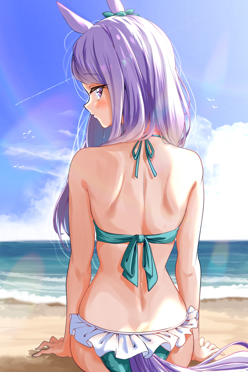 absurdres animal_ears beach bikini blue_sky cloud day female from_behind highres horse_ears horse_girl horse_tail kakikakilemon long_hair looking_at_viewer looking_back mejiro_mcqueen_(ripple_fairlady)_(umamusume) mejiro_mcqueen_(umamusume) ocean official_alternate_costume outdoors purple_eyes purple_hair sand sitting sky solo swimsuit tail umamusume