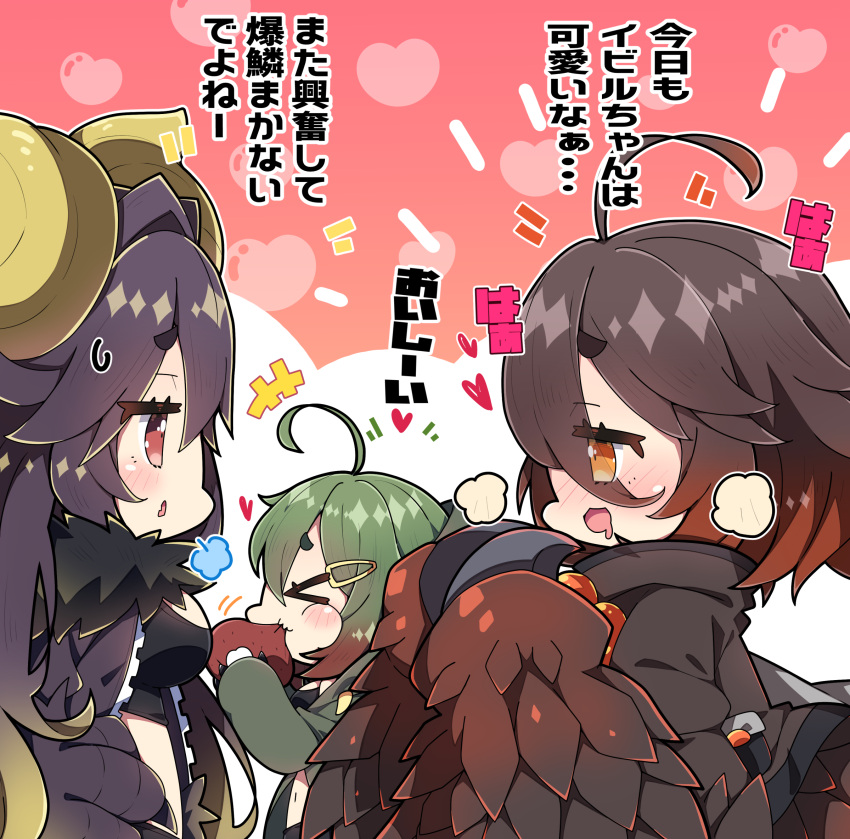 >_< +++ 3girls ahoge bazelgeuse black_jacket black_shirt blush boned_meat breasts brown_background brown_eyes brown_hair claws closed_eyes commentary_request deviljho eating eye_contact eyes_visible_through_hair feathered_wings food gradient_hair grey_hair hair_ornament hair_over_one_eye hairclip hand_on_own_hip hands_up heart heart_background highres holding holding_food horns jacket large_breasts long_hair looking_at_another meat milkpanda monster_hunter_(series) multicolored_hair multiple_girls navel nose_blush notice_lines open_clothes open_jacket personification profile rajang shirt short_eyebrows thick_eyebrows translation_request two-tone_background very_long_hair white_background wings